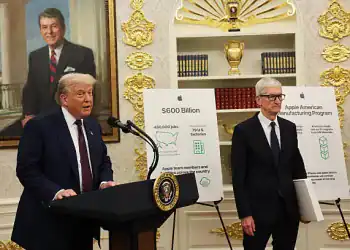 WASHINGTON, DC - AUGUST 06: U.S. President Donald Trump speaks during an event with Apple CEO Tim Cook (R) in the Oval Office of the White House on August 6, 2025 in Washington, DC. Apple Inc. announced a $100 billion investment in manufacturing facilities in the U.S., on top of an announcement in February committing over the next four years to a $500 billion investment in the U.S. economy and the addition of 20,000 new jobs. (Photo by Win McNamee/Getty Images)