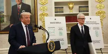 WASHINGTON, DC - AUGUST 06: U.S. President Donald Trump speaks during an event with Apple CEO Tim Cook (R) in the Oval Office of the White House on August 6, 2025 in Washington, DC. Apple Inc. announced a $100 billion investment in manufacturing facilities in the U.S., on top of an announcement in February committing over the next four years to a $500 billion investment in the U.S. economy and the addition of 20,000 new jobs. (Photo by Win McNamee/Getty Images)