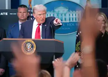 WASHINGTON, DC - AUGUST 11: U.S. President Donald Trump answers questions during a press conference in the James S. Brady Press Briefing Room of the White House August 11, 2025 in Washington, DC. Trump announced he will use his authority to place the DC Metropolitan Police Department under federal control to assist in crime prevention in the nation’s capital, and that the National Guard will be deployed to DC. Also pictured are Secretary of Defense Pete Hegseth (L) and Attorney General Pam Bondi (R). (Photo by Andrew Harnik/Getty Images)