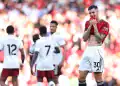 MANCHESTER, ENGLAND - AUGUST 17: Benjamin Sesko of Manchester United reacts at full time  during the Premier League match between Manchester United and Arsenal at Old Trafford on August 17, 2025 in Manchester, England. (Photo by Robbie Jay Barratt - AMA/Getty Images)