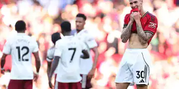 MANCHESTER, ENGLAND - AUGUST 17: Benjamin Sesko of Manchester United reacts at full time  during the Premier League match between Manchester United and Arsenal at Old Trafford on August 17, 2025 in Manchester, England. (Photo by Robbie Jay Barratt - AMA/Getty Images)
