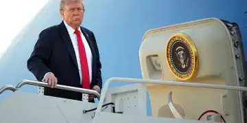 JOINT BASE ANDREWS, MARYLAND - AUGUST 15: U.S. President Donald Trump boards Air Force One on August 15, 2025 at Joint Base Andrews, Maryland. President Trump is traveling to Anchorage, Alaska, for peace talks with Russian President Vladimir Putin on the war in Ukraine. (Photo by Andrew Harnik/Getty Images)