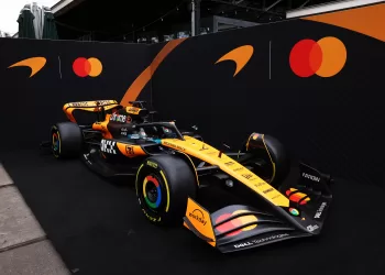 AMSTERDAM, NETHERLANDS - AUGUST 27: A detail view of the McLaren livery as McLaren Racing Announces Mastercard as Official Naming Partner of McLaren Formula 1 Team from 2026 at Gashouder Westergasfabriek on August 27, 2025 in Amsterdam, Netherlands. (Photo by Andrew Ferraro/Getty Images for Mastercard)