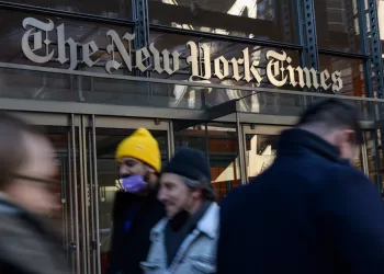 (FILES) The New York Times Building in New York City on February 1, 2022. US President Donald Trump said on September 15, 2025 that he is bringing a $15 billion "defamation and libel lawsuit" against the New York Times.