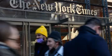 (FILES) The New York Times Building in New York City on February 1, 2022. US President Donald Trump said on September 15, 2025 that he is bringing a $15 billion "defamation and libel lawsuit" against the New York Times.