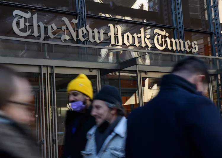 (FILES) The New York Times Building in New York City on February 1, 2022. US President Donald Trump said on September 15, 2025 that he is bringing a $15 billion "defamation and libel lawsuit" against the New York Times.