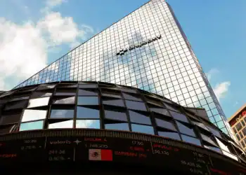 A ticker displays stock exchange data outside Mexicos stock exchange building in Mexico City. Mexico, Wednesday, December 21, 2022. (Photo by Danil Shamkin/NurPhoto via Getty Images)