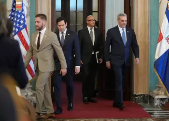US Secretary of State Marco Rubio (2-L) enters with Dominican Republic President Luis Abinader (R) to give a joint news conference at the National Palace in Santo Domingo, on February 6, 2025. (Photo by Mark Schiefelbein / POOL / AFP) (Photo by MARK SCHIEFELBEIN/POOL/AFP via Getty Images)