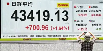 A financial screen in Tokyo shows the 225-issue Nikkei Stock Average setting an intraday record above the 43,400 line on Aug. 13, 2025. (Photo by Kyodo News via Getty Images)