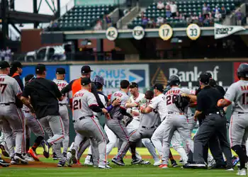 DENVER, CO - SEPTEMBER 2:  The San Francisco Giants and Colorado Rockies fight on the field after a verbal altercation between Kyle Freeland #21 of the Colorado Rockies and Rafael Devers #16 of the San Francisco Giants after Devers hit a two run home run in the first inning at Coors Field on September 2, 2025 in Denver, Colorado. (Photo by Justin Edmonds/Getty Images)