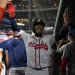 WASHINGTON, DC - SEPTEMBER 15: Ozzie Albies #1 of the Atlanta Braves celebrates with teammates in the dugout after scoring a run against the Washington Nationals during the ninth inning at Nationals Park on September 15, 2025 in Washington, DC. (Photo by Scott Taetsch/Getty Images)