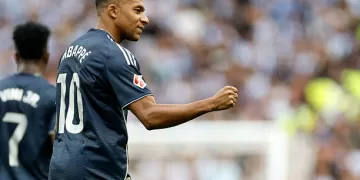 SAN SEBASTIAN, SPAIN - SEPTEMBER 13: Kylian Mbappe player of Real Madrid celebrates after scoring his team's first goal during the LaLiga EA Sports match between Real Sociedad and Real Madrid CF at Reale Arena on September 13, 2025 in San Sebastian, Spain. (Photo by Antonio Villalba/Real Madrid via Getty Images)