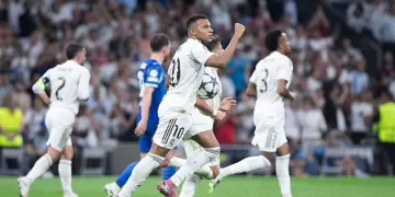 Kylian Mbappe of Real Madrid celebrates a goal during the UEFA Champions League 2025/26 match between Real Madrid and Marseille at Santiago Bernabeu Stadium in Madrid, Spain, on September 16. (Photo by Guillermo Martinez/NurPhoto via Getty Images)