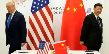 US President Donald Trump attends a bilateral meeting with Chinese President Xi Jinping during the G20 leaders summit in Osaka, Japan, June 29, 2019 [Kevin Lamarque/Reuters]