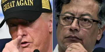 (COMBO) This combination of pictures created on January 26, 2025 shows US President Donald Trump in Pacific Palisades, a neighborhood of Los Angeles, California, on January 24, 2025 and Colombian President Gustavo Petro in Cali, Colombia, on September 9, 2023. Trump said on October 19, 2025 the United States is halting financial aid to Colombia, a longstanding US ally, as he accused its president of condoning the production of drugs. Trump said leftist President Gustavo Petro is doing nothing to stop cocaine production despite "large scale payments and subsidies from the USA." (Photo by Mandel NGAN and Joaquín SARMIENTO / AFP)