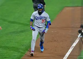 PHILADELPHIA, PA - OCTOBER 04: Los Angeles Dodgers outfielder Teoscar Hernández #37 celebrates his home run during the NLDS game between the Philadelphia Phillies and the Los Angeles Dodgers on October 4th, 2025 at Citizens Bank Park in Philadelphia, PA.  (Photo by Terence Lewis/Icon Sportswire via Getty Images)