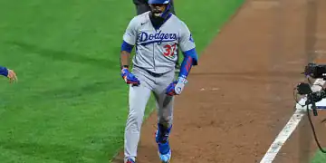 PHILADELPHIA, PA - OCTOBER 04: Los Angeles Dodgers outfielder Teoscar Hernández #37 celebrates his home run during the NLDS game between the Philadelphia Phillies and the Los Angeles Dodgers on October 4th, 2025 at Citizens Bank Park in Philadelphia, PA.  (Photo by Terence Lewis/Icon Sportswire via Getty Images)