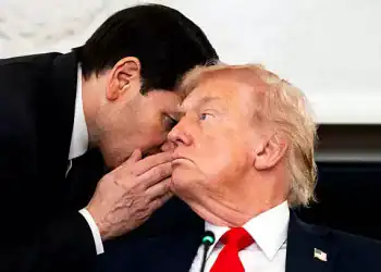 WASHINGTON, DC  October 8: U.S. Secretary of State Marco Rubio speaks to US President Donald Trump regarding Middle East peace talks during a Roundtable on ANTIFA in the State Dining Room of the White House on Wednesday October 8, 2025.  (Photo by Demetrius Freeman/The Washington Post via Getty Images)