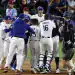 Los Angeles Dodgers players celebrate their advancement to the National League Championship Series after winning Game 4 of the Division Series against the Philadelphia Phillies on Oct. 9, 2025, at Dodger Stadium in Los Angeles. (Photo by Kyodo News via Getty Images)