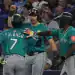 TORONTO, ON - OCTOBER 13  -  Seattle Mariners second baseman Jorge Polanco (7) is congratulated after hitting a three-run homer as the Toronto Blue Jays fall the Seattle Mariners 10-3 in game two of the ALCS MLB Playoff series  at Rogers Centre in Toronto. October 13, 2025. (Photo by Steve Russell/Toronto Star via Getty Images)