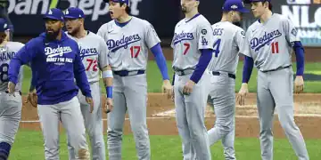 Los Angeles Dodgers players gather around the mound after beating the Milwaukee Brewers in Game 1 of the National League Championship Series at American Family Field in Milwaukee, Wisconsin, on Oct. 13, 2025.  (Photo by Kyodo News via Getty Images)