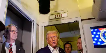 IN FLIGHT - OCTOBER 27: U.S. President Donald Trump, accompanied by U.S. Secretary of State Marco Rubio, (2nd R), U.S. Treasury Secretary Scott Bessent (L), and U.S. Trade Representative Jamieson Greer (R), speaks to members of the media aboard Air Force One on October 27, 2025, in flight. Trump is in route to Japan after attending the Association of Southeast Asian Nations (ASEAN) summit in Malaysia, and will travel on to South Korea for the Asia-Pacific Economic Cooperation (APEC) forum. (Photo by Andrew Harnik/Getty Images)