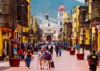 Lima, Peru - February 2, 2018: Daily image of passers-by strolling through the streets of Rimac, in the metropolitan area of Lima, Peru