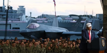 President Trump delivers a speech in front of US Navy personnel on Oct. 28, 2025. Photo: Andrew Caballero-Reynolds/AFP via Getty Images.