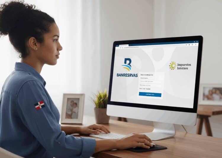 IMAGEN DE UNA PERSONA DOMINICANA PAGANDO SUS IMPUESTOS EN BANRESERVAS DESDE UNA COMPUTADORA: DF