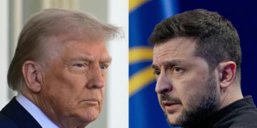 (ARCHIVOS - COMBO) Esta combinación de archivos de imágenes creadas el 25 de febrero de 2025 muestra al presidente estadounidense Donald Trump (L) el 24 de febrero de 2025 y al presidente de Ucrania Volodymyr Zelensky (R) el 23 de febrero de 2025. El presidente de Ucrania, Volodymyr Zelensky, y el presidente de los Estados Unidos, Donald Trump, se reunirán el 28 de diciembre de 2025 en Florida para discutir los esfuerzos para poner fin a la invasión de Rusia, dijo Kiev el 26 de diciembre de 2025. "Hay un plan para que la reunión" tenga lugar el 28 de diciembre, dijo un asesor de Zelensky, después de que una declaración anterior del líder ucraniano señalara la reunión. (Foto de Jim WATSON y Tetiana DZHAFAROVA / AFP)