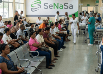 Imagen ilustrativa de personas esperando en una sala de espera con el logo de SENASA / DF