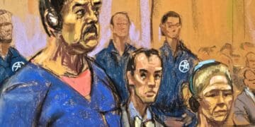 Este boceto de la sala del tribunal muestra al presidente depuesto de Venezuela, Nicolás Maduro (Izquierda), y su esposa, Cilia Flores, asistiendo a su acusación en el Palacio de Justicia de los Estados Unidos Daniel Patrick Moynihan el 5 de enero de 2026 en Nueva York, con los abogados defensores Barry Pollack (no en la foto) y Mark Donnelly (C). El presidente venezolano depuesto, Nicolás Maduro, se declaró inocente de cargos de narcoterrorismo en un tribunal de Nueva York el lunes, dos días después de ser secuestrado por las fuerzas estadounidenses en una impresionante redada en su casa en Caracas. Maduro, de 63 años, le dijo a un juez federal en Manhattan que había sido "secuestrado" de Venezuela y dijo: "Soy inocente, no soy culpable", informaron los medios estadounidenses. (Foto de Jane ROSENBERG / AFP) / RESTRINGIDO AL USO EDITORIAL - MENCIÓN OBLIGATORIA DEL ARTISTA TRAS LA PUBLICACIÓN JANE ROSENBERG - PARA ILUSTRAR EL EVENTO COMO SE ESPECIFICA EN EL PIE DE FOTO - SIN MARKETING NI CAMPAÑAS PUBLICITARIAS