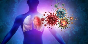 Infección pulmonar por triple virus e infección pulmonar humana tripledémica y enfermedad de inflamación respiratoria como brote de gripe o neumonía y enfermedad inflamatoria pulmonar con elementos de ilustración 3D.