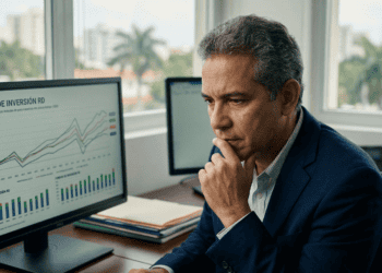 Recreación de una persona viendo graficas de los fondos de inversiones en RD