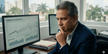 Recreación de una persona viendo graficas de los fondos de inversiones en RD