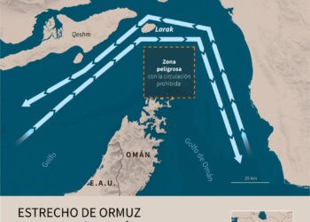 Mapa que muestra las dos rutas marítimas alternativas impuestas por la Armada de los Guardianes de la Revolución iraníes, citando la posibilidad de "minas" en la ruta habitual del Estrecho de Ormuz (Infografía de Valentina BRESCHI y Sylvie HUSSON / AFP)