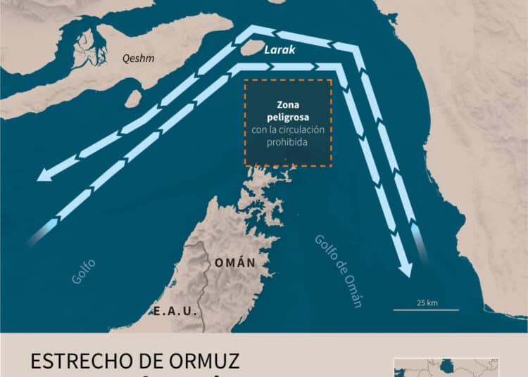 Mapa que muestra las dos rutas marítimas alternativas impuestas por la Armada de los Guardianes de la Revolución iraníes, citando la posibilidad de "minas" en la ruta habitual del Estrecho de Ormuz (Infografía de Valentina BRESCHI y Sylvie HUSSON / AFP)