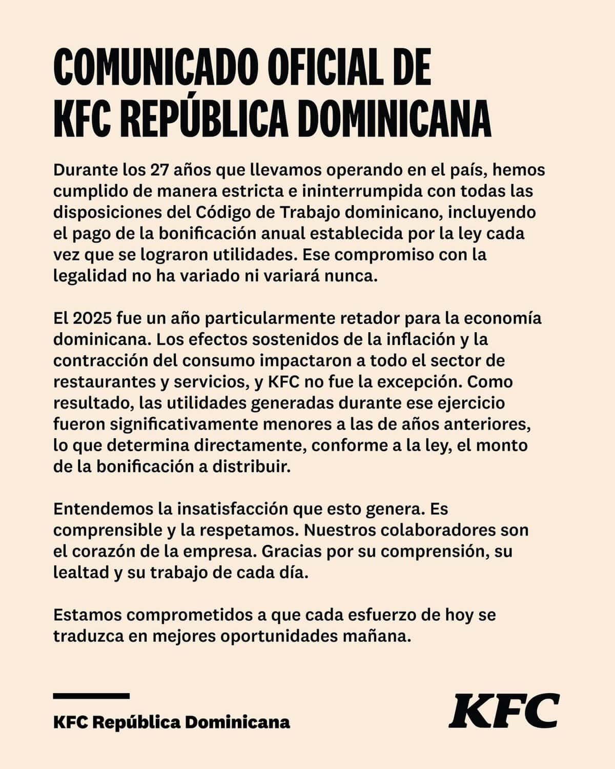 Comunicado KFC Dominicana