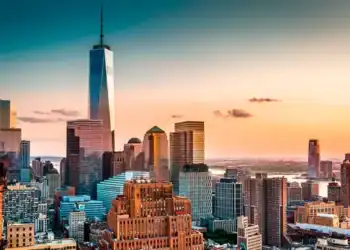 Vista del distrito financiero de Nueva York con la One World Trade Center al atardecer
