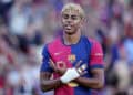 BARCELONA, SPAIN - MAY 18: Lamine Yamal of FC Barcelona celebrates scoring his team's first goal during the La Liga EA Sports match between FC Barcelona and Villarreal CF at Estadi Olimpic Lluis Companys on May 18, 2025 in Barcelona, Spain.  (Photo by Judit Cartiel/Getty Images)