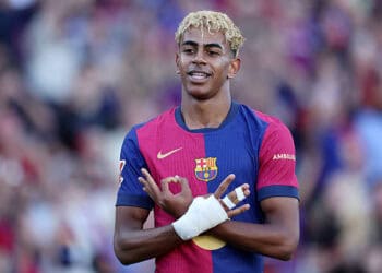 BARCELONA, SPAIN - MAY 18: Lamine Yamal of FC Barcelona celebrates scoring his team's first goal during the La Liga EA Sports match between FC Barcelona and Villarreal CF at Estadi Olimpic Lluis Companys on May 18, 2025 in Barcelona, Spain.  (Photo by Judit Cartiel/Getty Images)