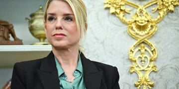 Pam Bondi, US attorney general, during a swearing-in ceremony in the Oval Office of the White House in Washington, DC, US, on Tuesday, March 24, 2026. Markwayne Mullin was confirmed Department of Homeland Security secretary, placing the Oklahoma senator in charge of a Trump administration immigration crackdown that has triggered a 37-day funding shutdown of the cabinet agency. Photographer: Graeme Sloan/Bloomberg via Getty Images