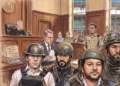 Hugo Beras y Jochi Gomez utilizando chalequillo y casco para ir al tribunal en una imagen dibujada