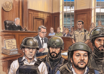 Hugo Beras y Jochi Gomez utilizando chalequillo y casco para ir al tribunal en una imagen dibujada