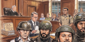 Hugo Beras y Jochi Gomez utilizando chalequillo y casco para ir al tribunal en una imagen dibujada