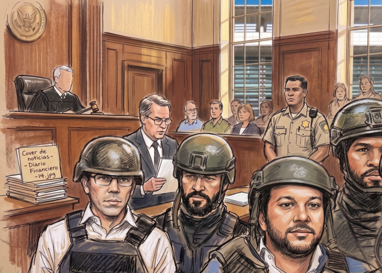 Hugo Beras y Jochi Gomez utilizando chalequillo y casco para ir al tribunal en una imagen dibujada