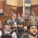 Hugo Beras y Jochi Gomez utilizando chalequillo y casco para ir al tribunal en una imagen dibujada