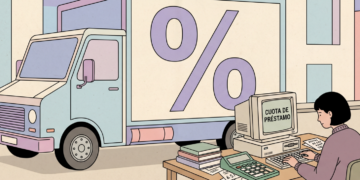 Imagen ilustrativa de una mujer calculando su préstamo