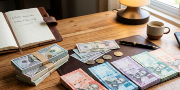 Una toma de arriba de un escritorio de madera organizado con montones ordenados de dólares estadounidenses y pesos dominicanos, una calculadora, una libreta de planificación, bolígrafos, un café y una lámpara. El enfoque está en el dinero y las herramientas de trabajo.