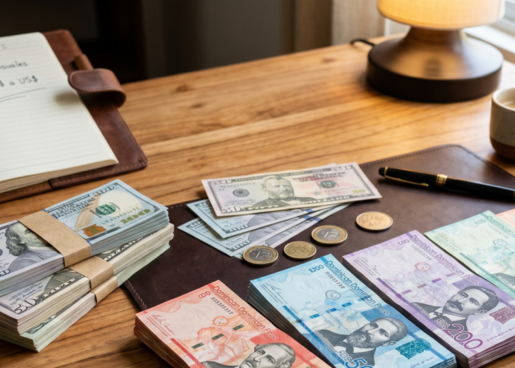 Una toma de arriba de un escritorio de madera organizado con montones ordenados de dólares estadounidenses y pesos dominicanos, una calculadora, una libreta de planificación, bolígrafos, un café y una lámpara. El enfoque está en el dinero y las herramientas de trabajo.